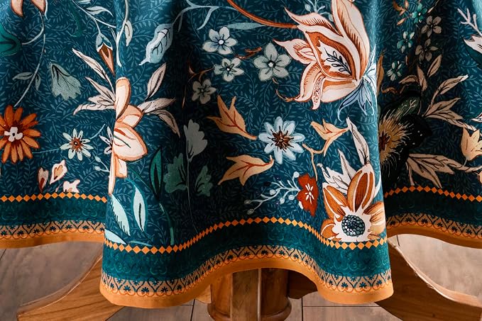 Maison d' Hermine Table Cloth Round Table 100% Cotton 63 Inches Fall Tablecloth Reusable Everyday Use for Thanksgiving Christmas Decorations Dining Farmhouse Party (Luxury Loft - Dark Teal)