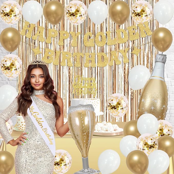 Trgowaul It's My Golden Birthday Decorations for Women Girls, Banner, Sash and Crown, Cake Topper, Latex Balloons Fringe Curtains, Champagne Gold Happy Birthday Party Supplies