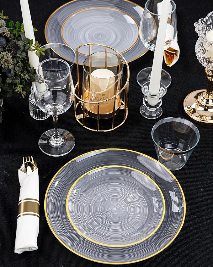 Morejoy 350PCS Clear Gold Plastic Plates - Disposable Gold Party Plates & Pre Rolled Napkins with Cutlery for 50 Guests, 100Plates, 150Silverware, 50Cups, 50Napkin for Party & Mother's Day