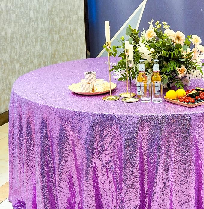 Lavender Sequin Tablecloth 120" Round Sequin Tablecloth Shimmer Table Cloth Sparkly Drape Table Cover Decorations for Engagement Weddings Party Baby Bridal Shower Decorations