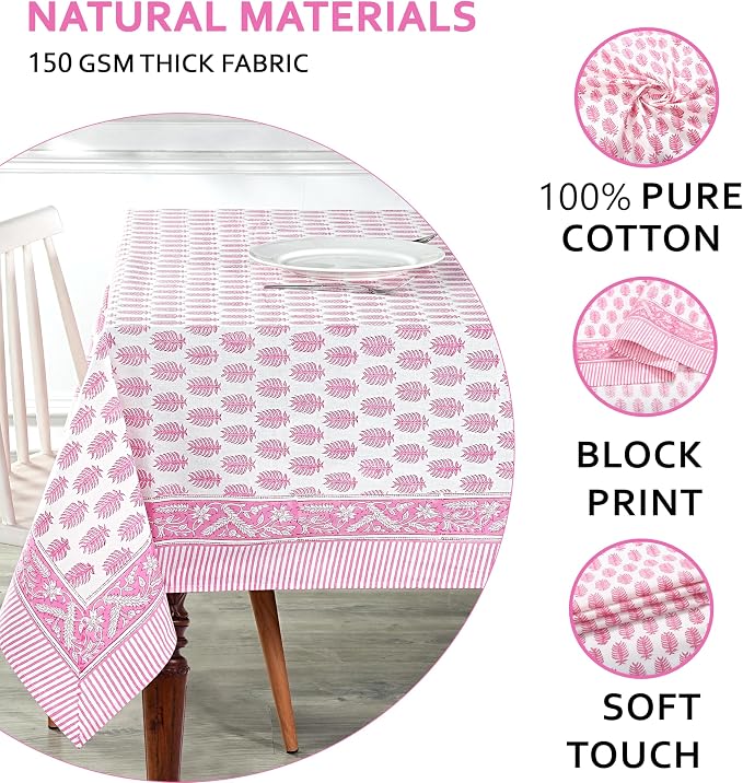 Ridhi Taffy Pink Hand Block Print Cotton Rectangle Tablecloth 102" x 48" inches Reusable Table Cover Decorative Everyday Use for Dining Room, Farmhouse, Home Gift for Spring, Mother's Day