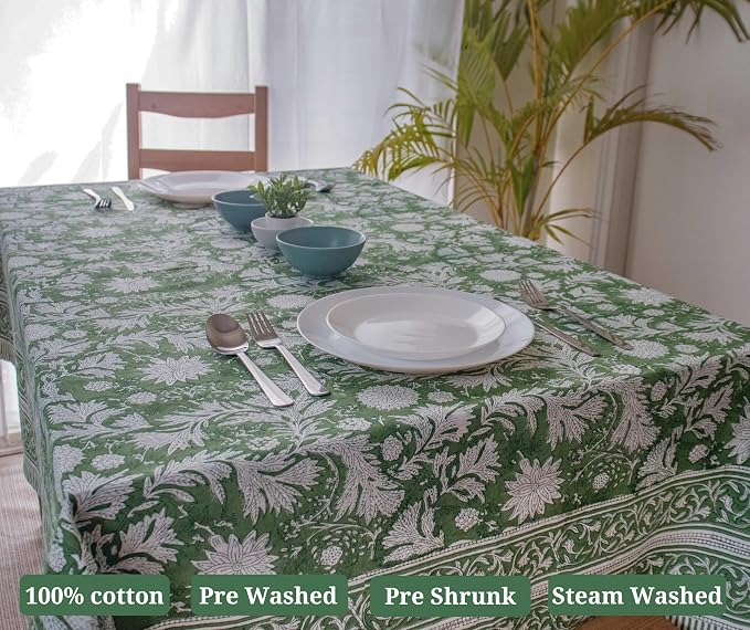 Block Print Table Cloth- Green 60x90 Inch Rectangle 100% Cotton Handmade Pre-Shrink, Washable for Spring, Kitchen & Dining Perfect for Chirstmas, Patio, Indoor & Outdoor, Farmhouse