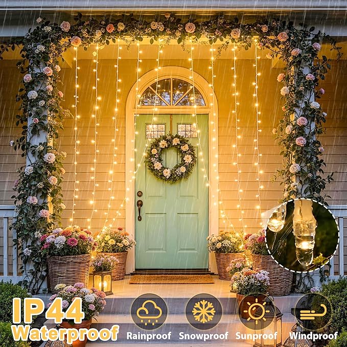 JMEXSUSS 600 LED Curtain Lights Outdoor, 9.5ft x 19.6ft Window Hanging Lights with Remote, Plug in, 8 Modes, Indoor String Lights for Bedroom, Wall, Xmas, Party, Backdrop, Wedding Decor, Warm White