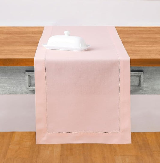 Solino Home Pink Table Runner 108 Inches Long - Cotton Linen Hemstitch 14 x 108 Inch Table Runner for Dining, Mothers Day, Spring, Summer