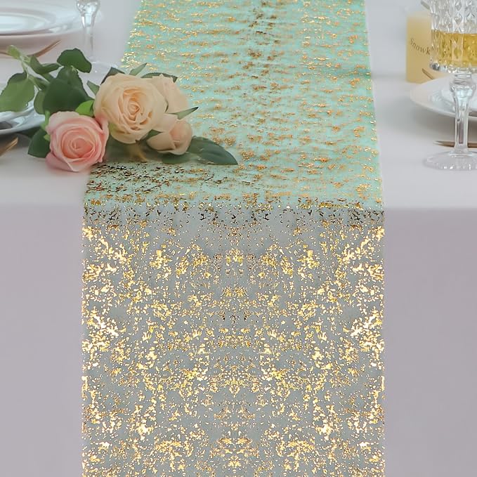 Snowkingdom Sage Green Table Runner 2PCS 11 x 108 Inch Metallic Foil Sequin Glitter Thin Sheer Mesh Fabric Decorations for Wedding Birthday Christmas Party Centerpieces Reception Dining Home Holiday