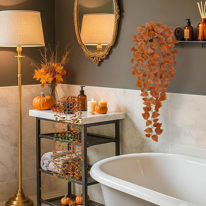 Der Rose 2Pcs Fake Fall Hanging Plants for Home Bathroom Wall Outdoor Decor | Orange eucalyptus vines for warm autumn decor accents, fall porch, patio, bathroom, kitchen wall and home entryway decor