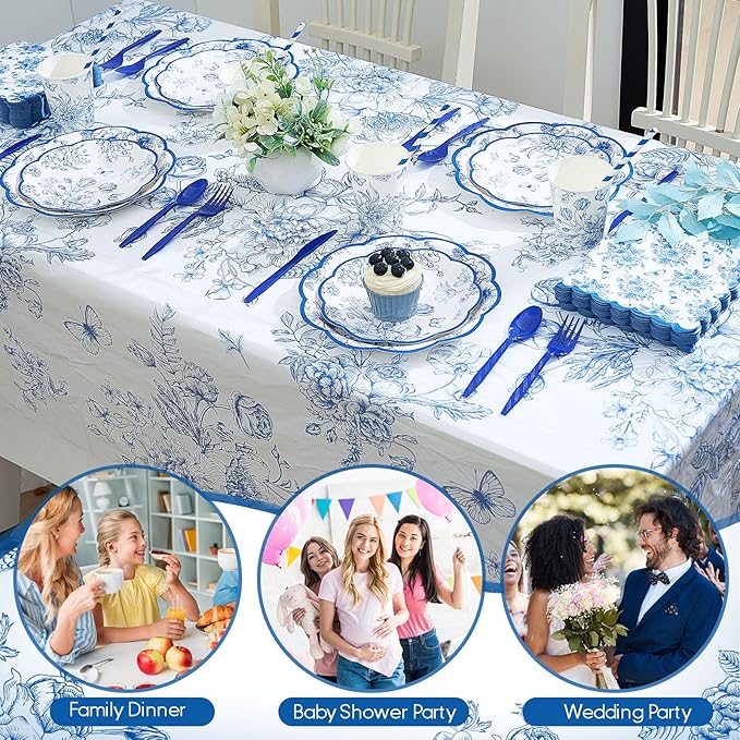 Funnymoom 452 Pcs Blue Floral Plates and Napkins Party Supplies, Scalloped Chinoiserie Blue White Flower Paper Plates Napkins Cups Tablecloth Cutlery Straw for Wedding Bridal Tea Party Decoration