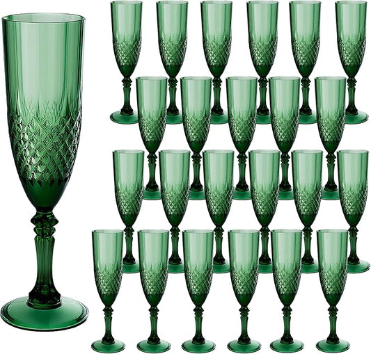 Plastic Champagne Flutes, Champagne Glasses Bulk, Reusable Unbreakable Acrylic Wine Glasses Goblets for Weddings Bachelor Parties Toasting Bridal Shower (24, Dark Green)