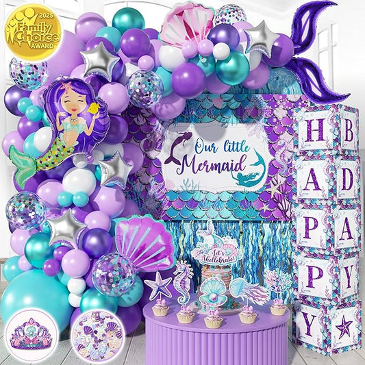 248 Pieces Little Mermaid Birthday Decorations Kit, All-in-1 Girl's Party Decor Package With Mermaid Tail Balloon Garland, Foil Curtains, Fabric Backdrop, Princess Crown - Purple, Teal