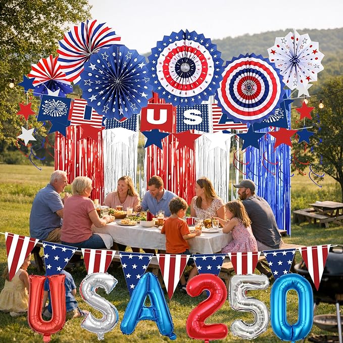52 PCS US 250th Anniversary Decorations Set,Party Set for Independence Memorial Day Party Supplies Decor