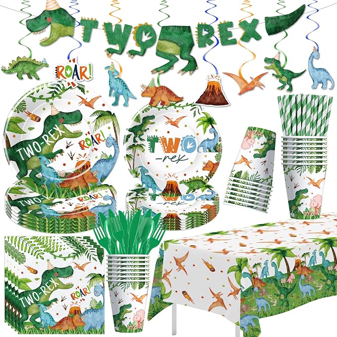 Srua Don Dinosaur 2nd Birthday Party Supplies For Boy, Dino Two Rex Birthday Decorations, Disposable Paper Plates, Cups, Napkins, Tablecloth, Cutlery, Swirls, Banner, Serves 24