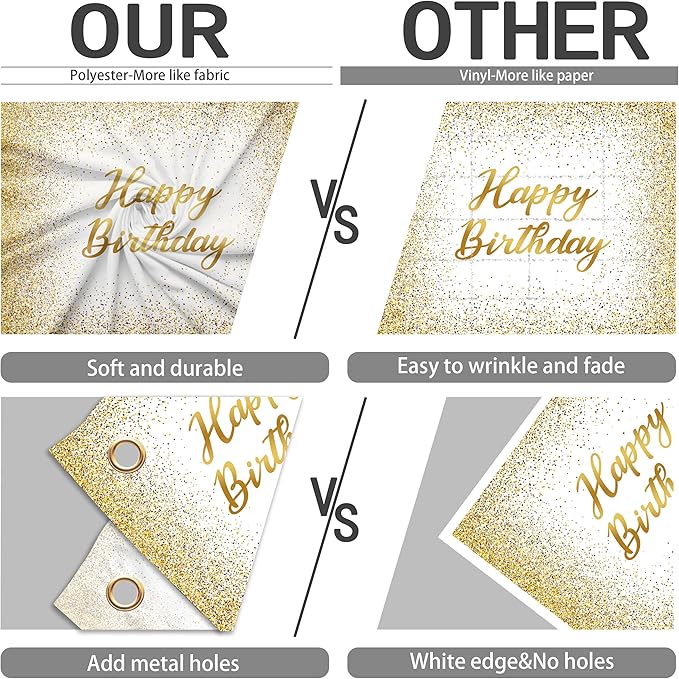12x10 FT Glitter Happy Birthday Backdrops Banner Polyester White and Gold Spots Large Happy Birthday Background Sign for Women Men Decorations Photo Booth Props Supplies Banner