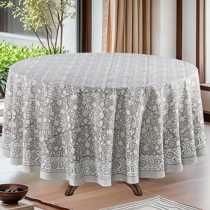 Ridhi Round Tablecloth Hand Block Print 100% Cotton Reusable Taupe 132 Inch Table Cover Decorative Everyday Use for Dining, Home, Party, Wedding, Farmhouse, Party Gift for Spring, Mother's Day