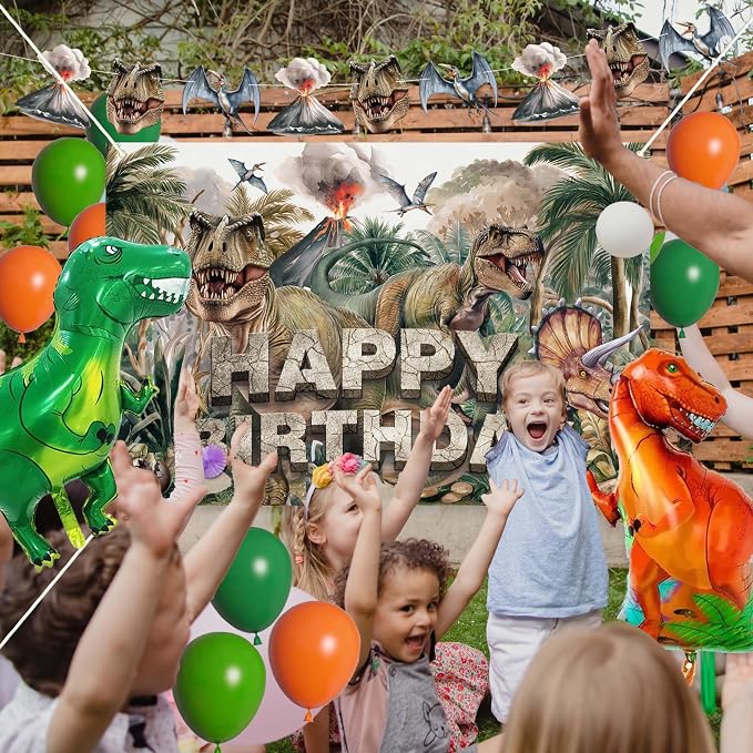 Dinosaur Birthday Party Decorations Set, 59x39in Jungle Prehistoric Photography Backdrop, T-Rex Foil Balloons, Latex Balloons, Tablecloth, Cake Toppers, Dino Roar Theme Supplies for Boys Kids