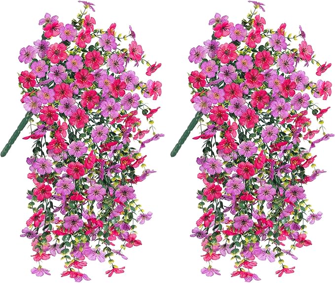 HyeFlora 2Pcs Artificial Flowers for Outdoors, Summer Fake Hanging Floral Decoration, Purple and Hotpink Lifelike Plants, UV & Fading Resistant Silk Flower for Enterwa Patio Balcony Front Yard