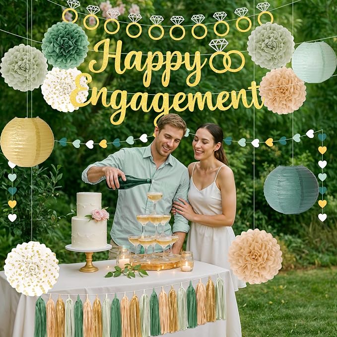 Kriyokiaa Engagement Party Decorations Sage Green Engaged Decorations with Gold Happy Engagement Banner, Includes Paper Pom Poms Paper Lanterns, Tassels for Couple Bridal Shower Decor