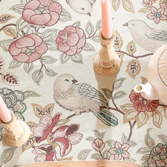 patdrea Vintage French Linen Tablecloth,Square,55"x55"-Kulom A | Elegant Table Cloth for Square Table,Leaves and Bird Patterned,Dining Room Tea Party Thanksgiving Decor,Pink