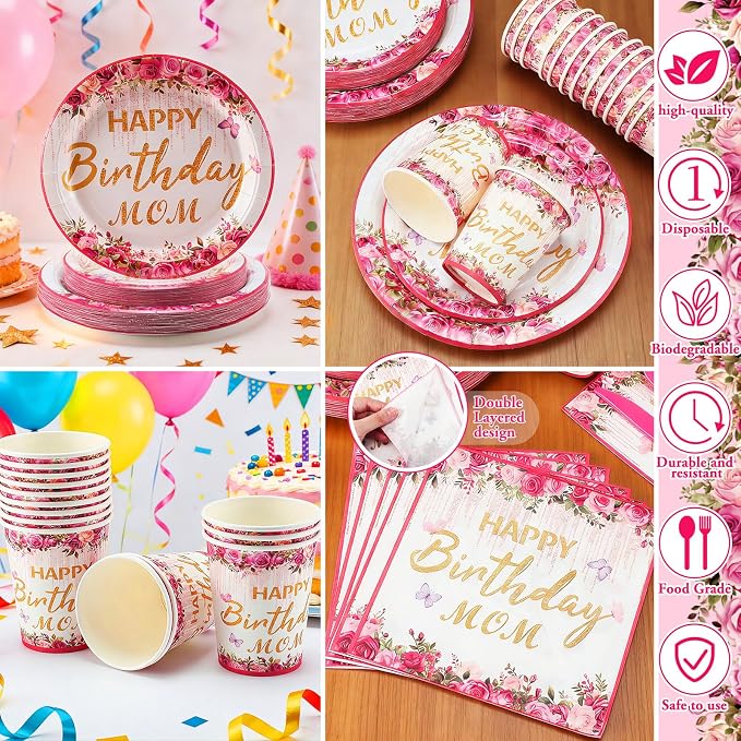 168 Pcs Happy Birthday Mom Party Decorations Pink Floral Best Mom Ever Plates and Napkins Sets Disposable Birthday Tableware Sets Serve for 24