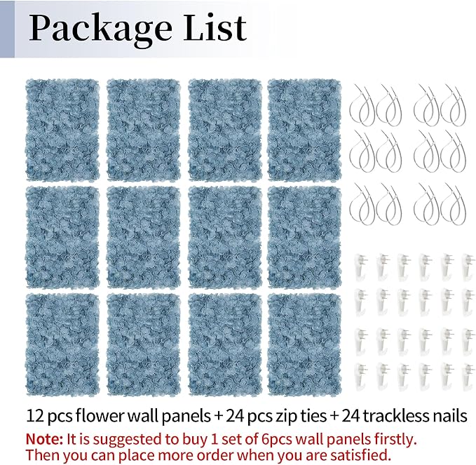 BLOSMON Flower Wall Panel Backdrop - 12 Pcs 24 x 16 Inch Dusty Blue Artificial Hydrangea Floral Backdrop for Wedding Party Baby Bridal Shower Decor, Hanging Fake Silk Hydrangea Wall DIY Decoration