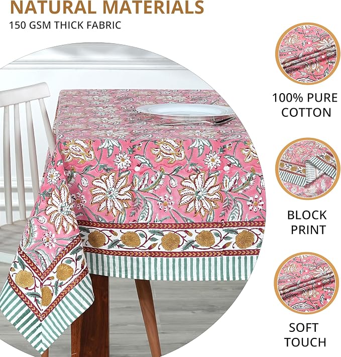 Ridhi Candy Pink Hand Block Print Cotton Rectangle Tablecloth 190" x 72" inches Reusable Table Cover Decorative Everyday Use for Dining Room, Farmhouse, Home Gift for Spring, Mother's Day
