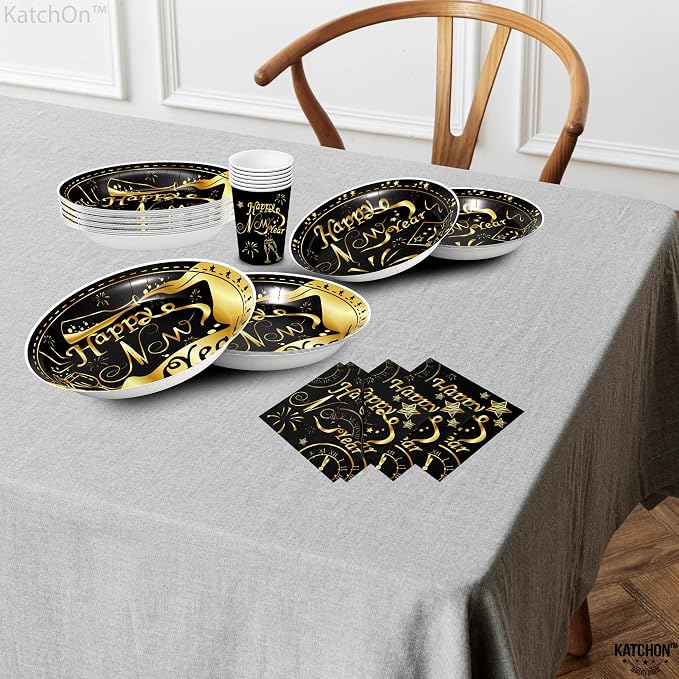 KatchOn, New Years Eve Party Plates, Cups and Napkins sets - Serves 16 Guests | New Years Eve Party supplies 2026 | Nye dinner set, New Year decorations | Nye Party Essentials for Happy New Year 2026