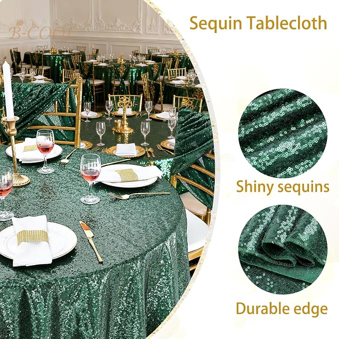 B-COOL Round Tablecloth Party Decorations: 132 Inch Table Cloth Emerald Green Large Sequin Fabric Overlay for Indoor Outdoor Dining Parties St. Patrick's Day Graduation