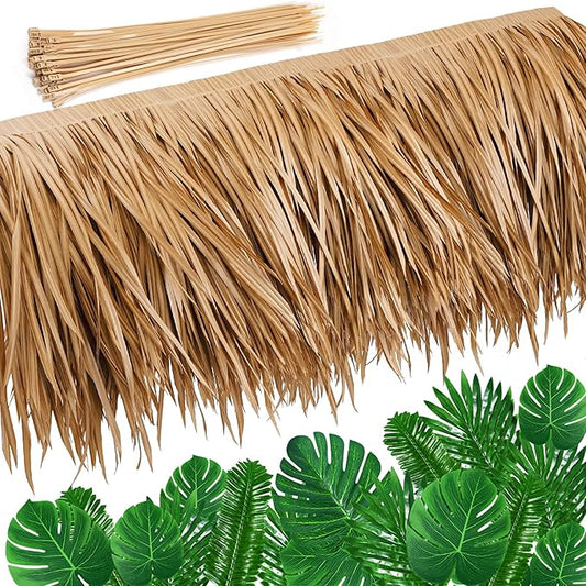 Suncalla 16.4ft Thatch Roof Rolls with 36 Pcs Palm Leaves Artificial Tiki Hut Grass Skirting Roof Green Fake Palm Leaf for Tiki Bars Gardens Fence Hawaiian Luau Party Decoration