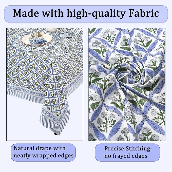 Ridhi Light Steel Blue Hand Block Print Cotton Rectangle Tablecloth 108" x 60" inches Reusable Table Cover Decorative Everyday Use for Dining Room, Farmhouse, Home Gift for Spring, Mother's Day