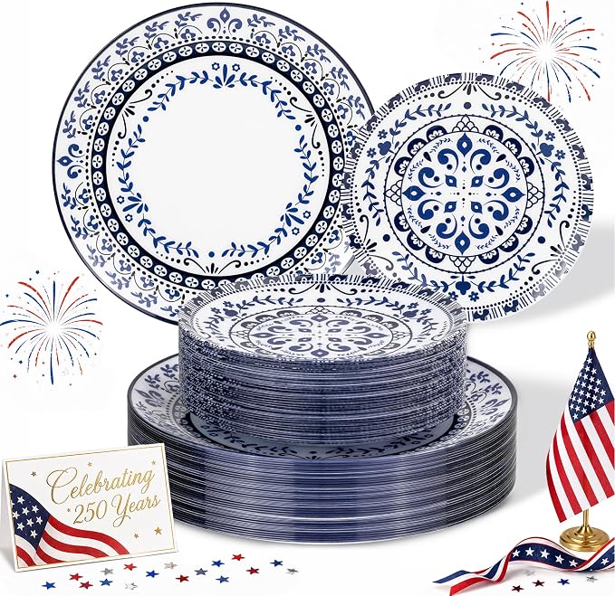 Hioasis 60pcs Blue Plastic Plates Set - Floral Blue & White Porcelain Design, 10.25" Dinner & 7.5" Dessert Plates Disposable for Wedding & 4th ofJuly (Dishwasher Safe, Traditional Style)