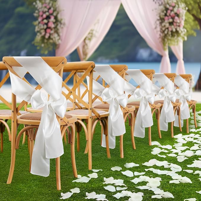 10 Pcs Off White Satin Chair Sashes Bows Universal Chair Cover for Wedding Reception Events Banquets Party, Hotel Event Decorations, 6 x 108 inch