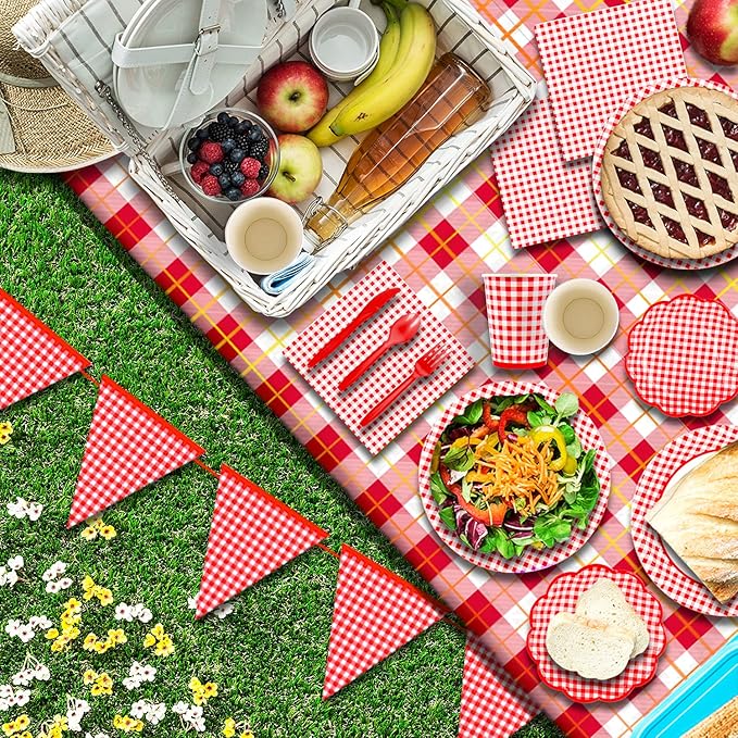 Gatherfun Gingham Red and White Party Supplies Disposable Paper Plates Napkins Cups Knives Spoons Forks Tablecloth Banner for Birthday Party Family Dinner Picnic Barbecue Mother's Day Party, Serve 25