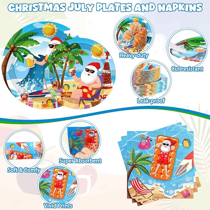 QZYL 122Pcs Summer Christmas Decorations, Tropical Beach Plates Party Supplies, Disposable Xmas in July Plates, Napkins, Cups, Forks and Tablecloth for Beach Pool Party, Serves 30 Guests