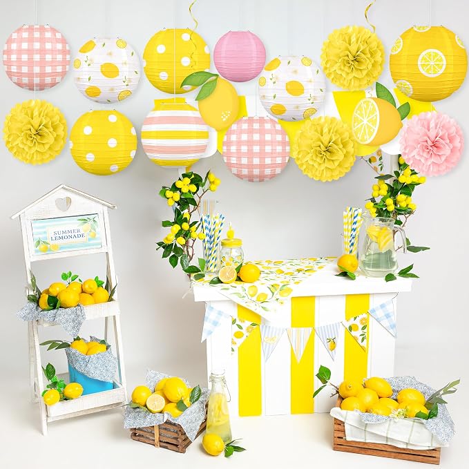 Renbuzhu 15PCS Summer Lemon Party Decorations Paper Lanterns Pom Poms Hanging Swirls Pink and Yellow Theme Lemonade Stand Italian Decor for Birthday Home Backyard Indoor Outdoor