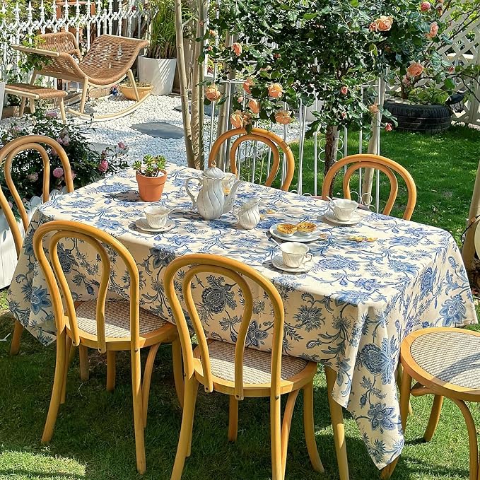 Outdoor Square Tablecloth 60 x 60 Inch, Blue Floral Spillproof Table Cloth, Thick Fabric Dining Table Cover for Outdoor, Easter, Picnic, Farmhouse, Wedding, Spring Summer - Blue Flower
