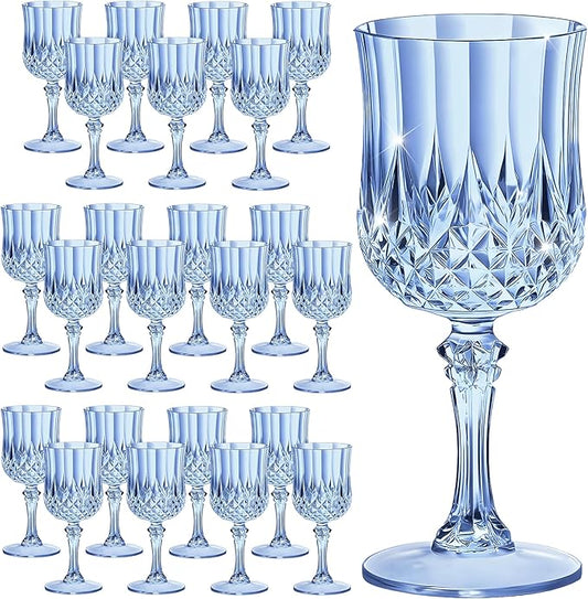 7OZ Plastic Wine Glasses, Reusable Vintage Goblets Unbreakable Drinking Glasses Crystal Water Cups Champagne for Wedding, Parties, Mother's Day (24, Blue)