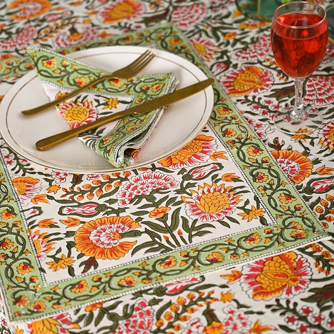 Hand Block Printed Tablecloth – Colorful Floral Print | 100% Cotton | Indian Artisan Handmade Art | Dining Room, Kitchen, Outdoor Décor, Party Decor, (Daisy Sunshine, 60 x 60 Inches Square)