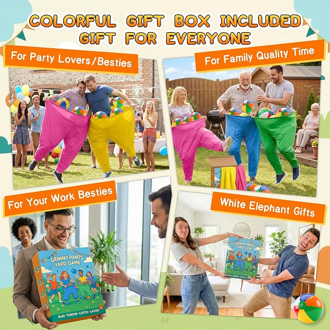Granny Pants Yard Game for Adults and Kids, Big Pants Ball Catch Game with 2 Giant Pants, Balls, Pumps & Storage Bag, Outdoor Tossing Games for Birthday Party, Backyard Party, Family Reunion