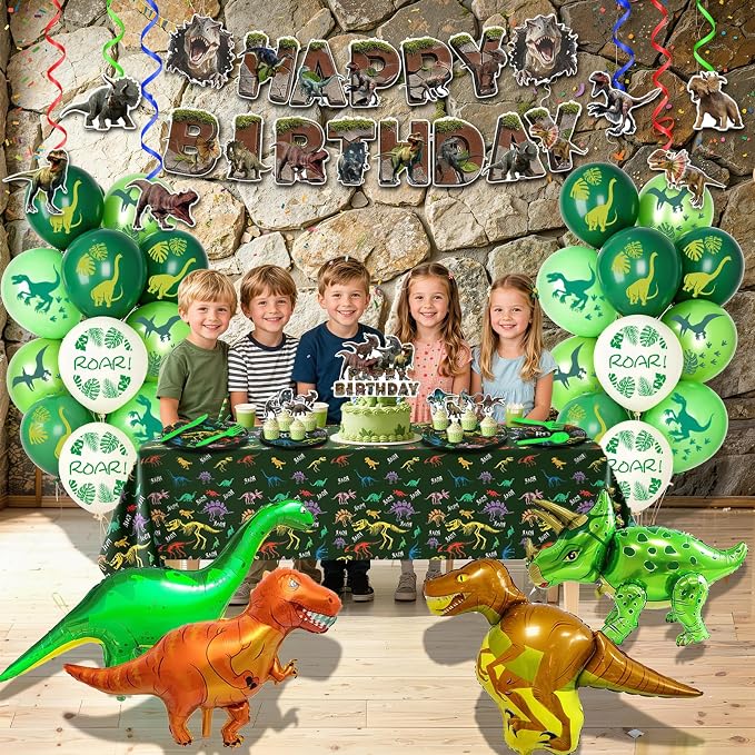 266Pcs Dinosaur Party Birthday Decorations Kit for Boys- Included Foil Fringe, Banner, Tablecloth, Hanging Swirls, Cupcake Toppers, Tableware, Paper Towel, Latex and Aluminum Foil Balloon (Dinosaur-2)
