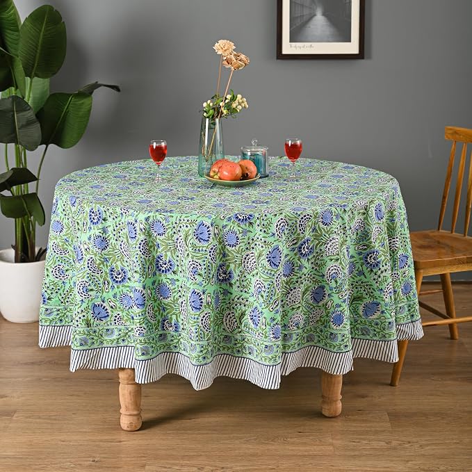 Hand Block Printed Tablecloth – Colorful Floral Print | 100% Cotton | Indian Artisan Handmade Art | Dining Room, Kitchen, Outdoor Décor, (Mint Green Blue, 108 Inches Round)