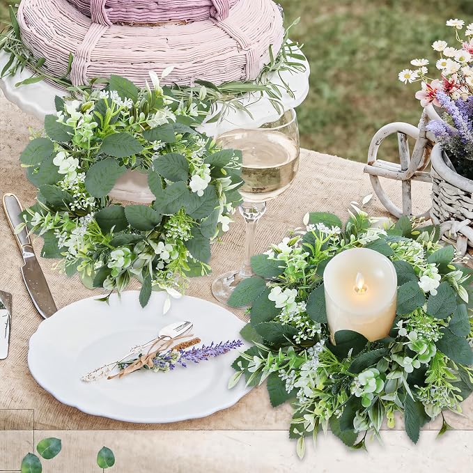 20PCS Artificial Eucalyptus Leaves Wreaths Candle Rings Wreaths Summer Greenery Garland Pillar Holder for Home Wedding Party Table Centerpiece Green