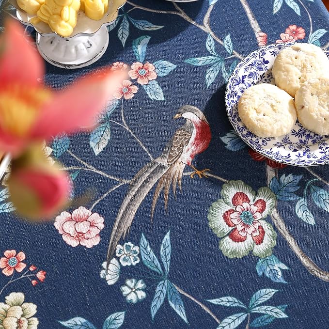 patdrea Elegant Vintage Linen Tablecloth,Round,Diameter 55"-Lanruoting | Chinoiserie Table Cloth for Round Table,Blue Oriental Bird Floral Print,Dining Tea Party Thanksgiving Coffe Table Decor