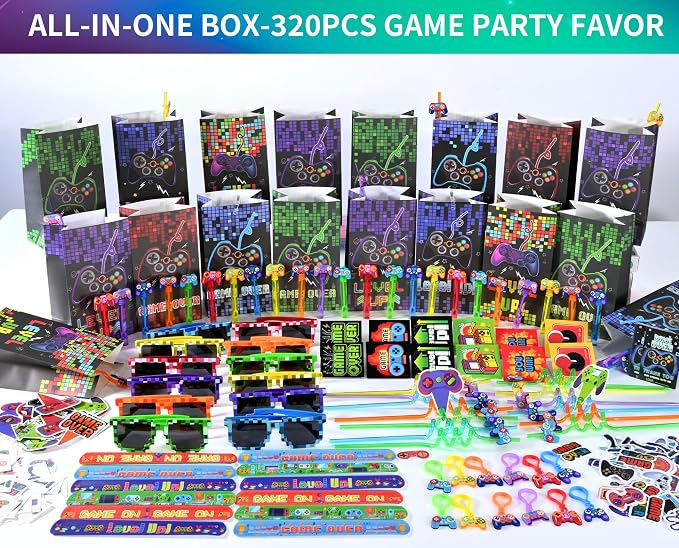 PLOUGVI 320PCS Video Game Party Favors for Kids-Including Goodie Bags, Glasses, Straws, Bubble Wands, Stickers, Cake Toppers, Tattoos & More-Perfect for Theme Party Decorations & Piñata Fillers