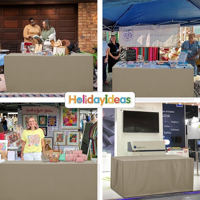 HolidayIdeas 4-Pack 6ft Open Back Fitted Tablecloths for Craft Shows Taupe | 3-Sided coverage wrinkle resistant tablecloths for vendor booths,banquet events,outdoor pop-up shop