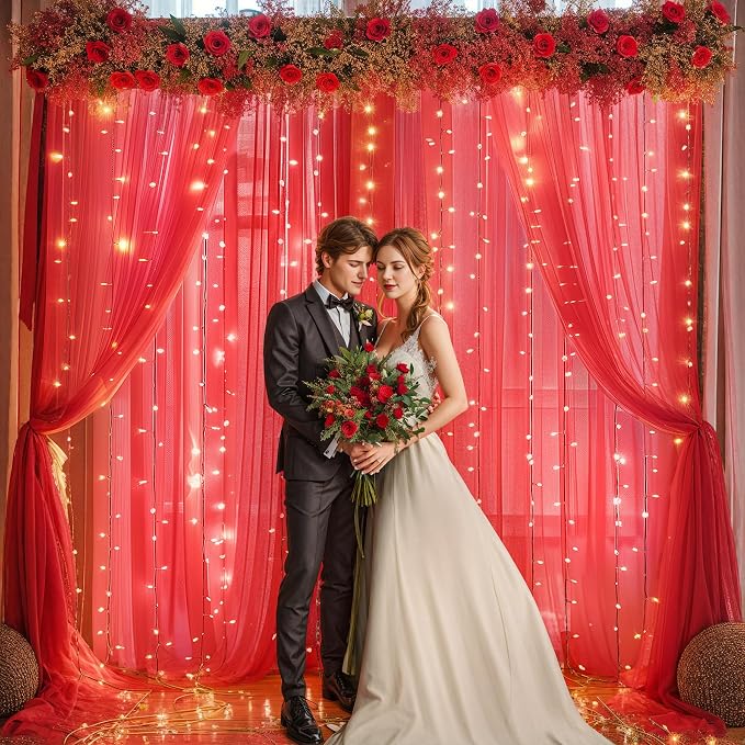 20x10ft Red Tulle Backdrop Curtain with Lights String for Parites, Sheer Backdrop Curtains for Wedding Baby Shower Birthday Party Photo Shoot Decorations