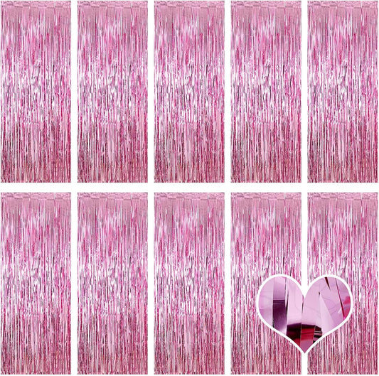 10 Pack Pink Backdrop Curtain 3.2ft x 8.2ft Metallic Tinsel Foil Fringe Curtains Photo Booth Background for Birthday Party Decoration Baby Shower Engagement Wedding Christmas Decoration (Pink)
