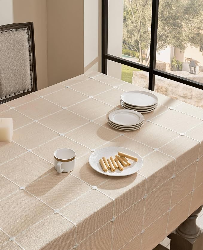 ZeeMart Grid Embroidered Hemmed Tablecloths, Cream 60x60 Inch, Farmhouse Style Heavy Weight Cotton Linen Cream Tablecloths, Boho Plaid Water Resistant Square Table Cloth