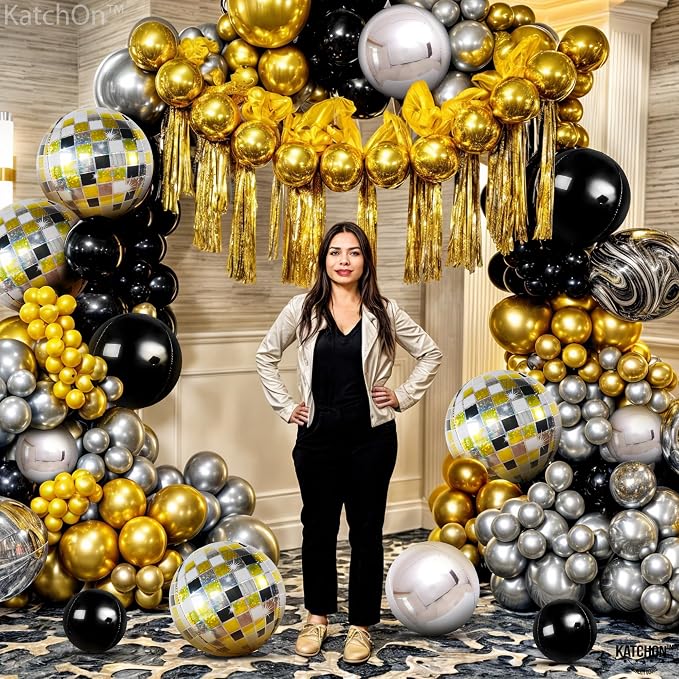 KatchOn, Disco Ball Balloons - Big 22 Inch, Pack of 14 | Black and Silver Balloons for Gold Party Decorations, Karaoke Party Decorations | 4D Sphere Metallic Balloons Disco Party Decorations