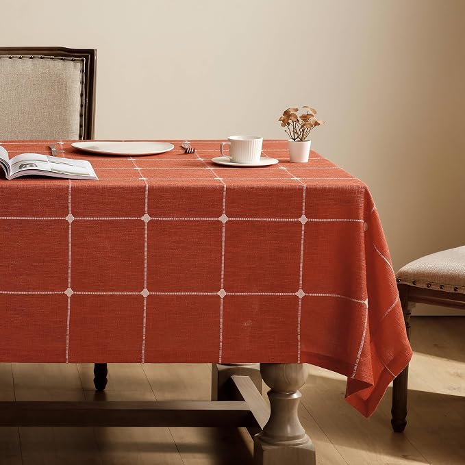 ZeeMart Grid Embroidered Hemmed Tablecloths, Orange 60x60 Inch, Farmhouse Style Heavy Weight Cotton Linen Burnt Orange Fall Tablecloths, Boho Plaid Water Resistant Square Table Cloth