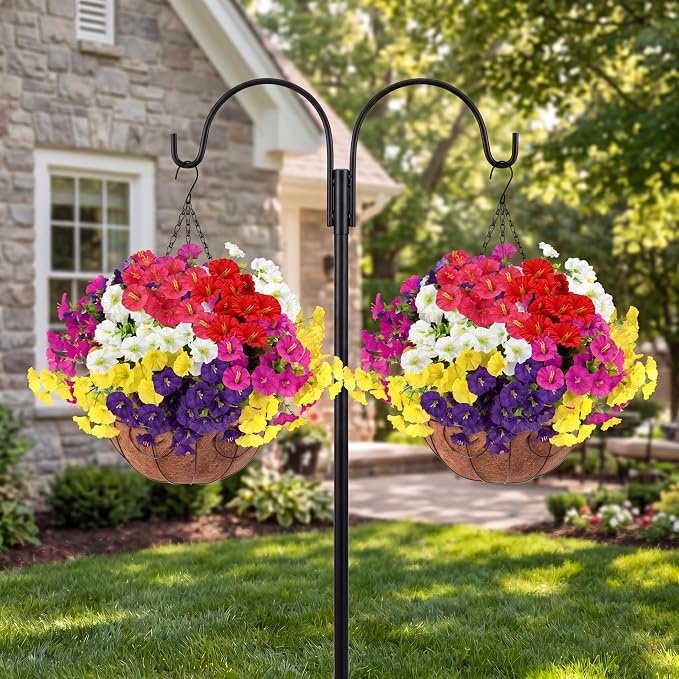 Artificial Flowers for Outdoors with Baskets Hanging Plant Faux Flowers UV Resistant Fake Silk Morning Glory with Eucalyptus for Planter Porch Garden Home Spring Summer Decoration(Mixed 6 colors)