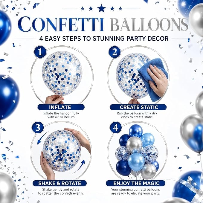 Balloon Column Kit Set of 2, Anti-Tip Sand-Fill Base Balloon Tower Stand with 10" 26pc Blue Gold Confetti Balloons, Height Adjustable for Easter Birthday Wedding Bridal Party Decorations